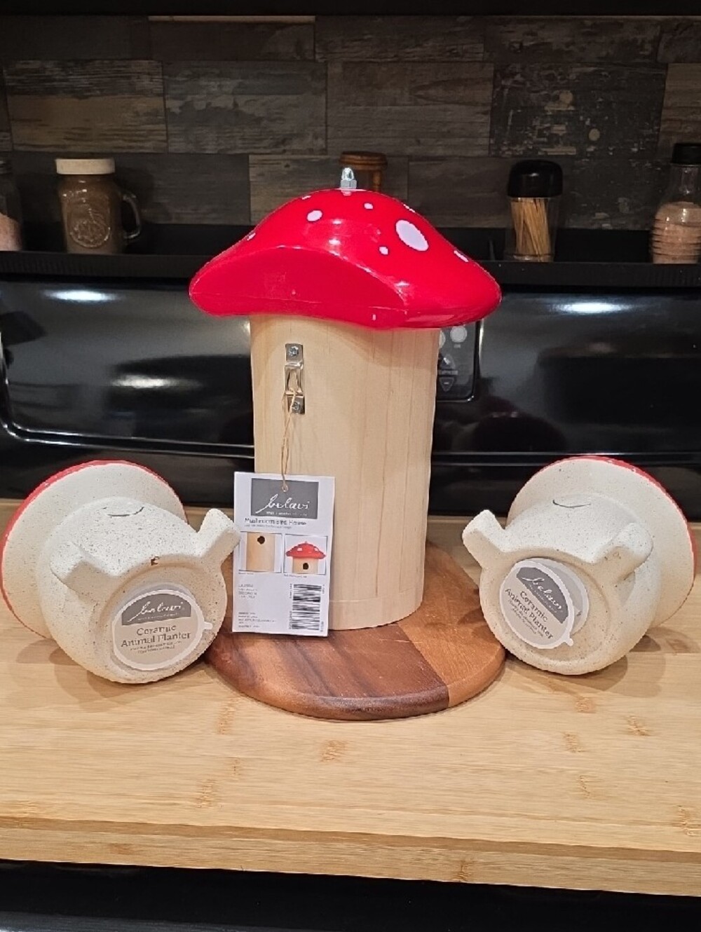 Red Mushroom Ceramic Planter Set with Wooden Birdhouse - Home Accents - Picture 2 of 3
